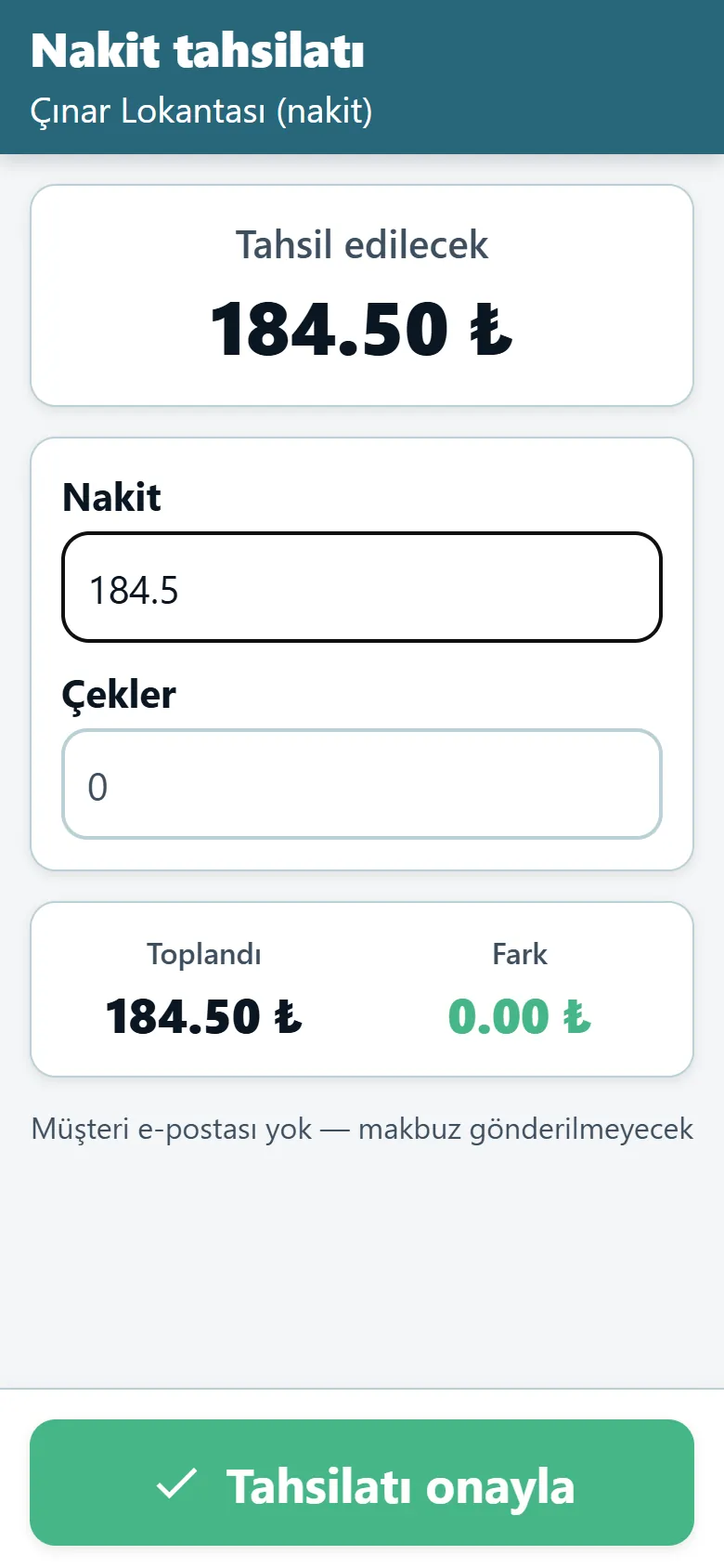 Tahsil edilecek tutarı ve nakit ile çek alanlarını gösteren OptiRoutes sürücü uygulaması tahsilat ekranı