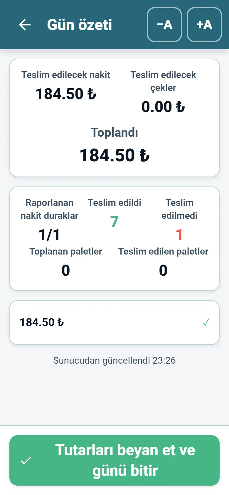 Tahsil edilen toplamlar ve sürücünün beyanıyla OptiRoutes sürücü uygulaması gün sonu özeti