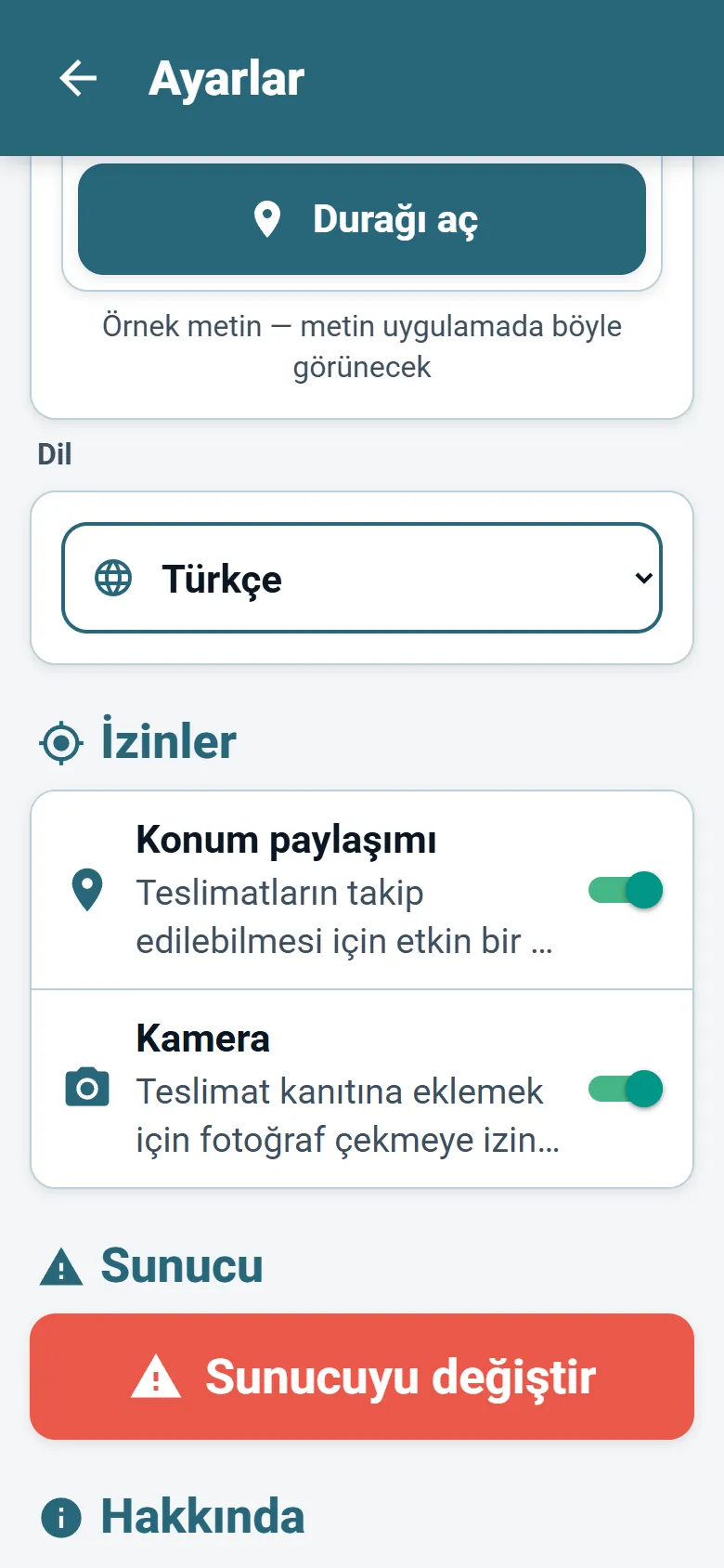 Dil seçici ve görünüm modu seçenekleriyle OptiRoutes sürücü uygulaması menüsü