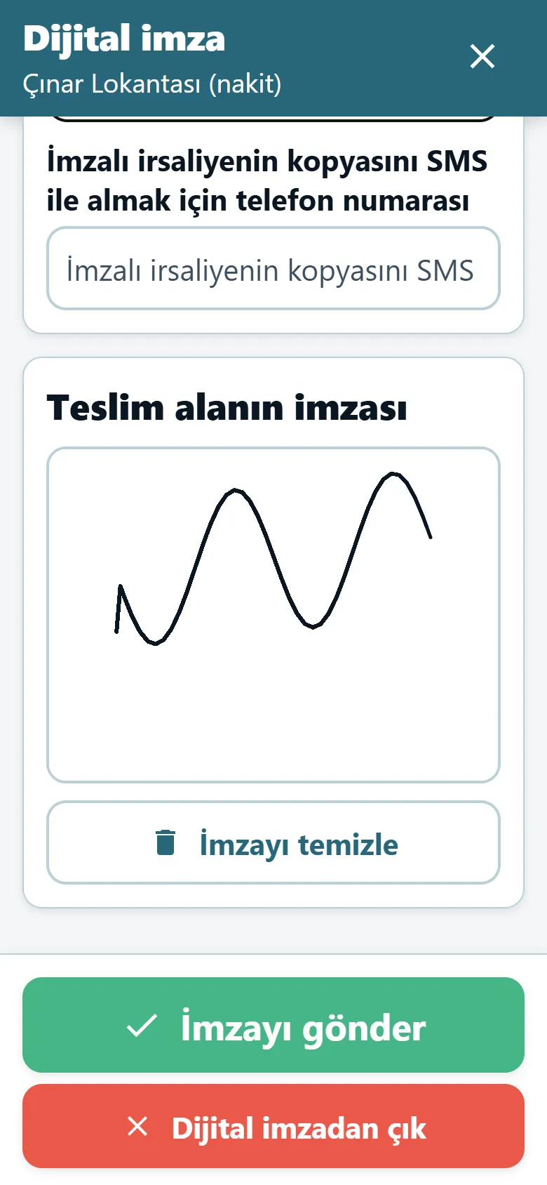 İmza alanı ve çizilmiş bir imzayla OptiRoutes sürücü uygulaması teslimat kanıtı ekranı