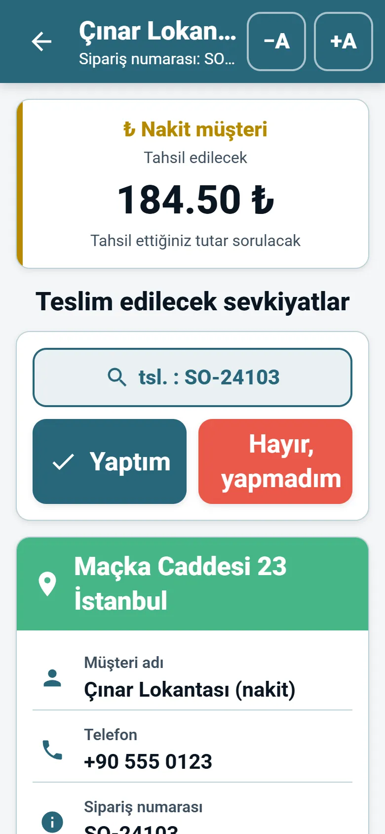 Müşteri bilgileri, navigasyon düğmesi ve teslimat bildirim düğmeleriyle OptiRoutes sürücü uygulaması durak ekranı