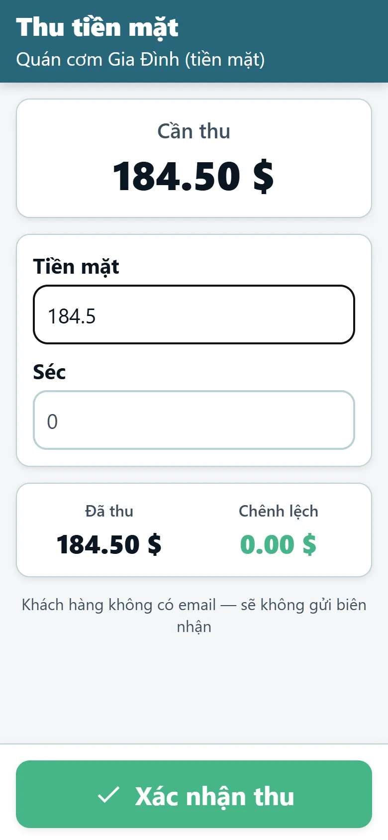 Màn hình thu tiền mặt của ứng dụng tài xế OptiRoutes hiển thị số tiền cần thu và các trường nhập tiền mặt và séc