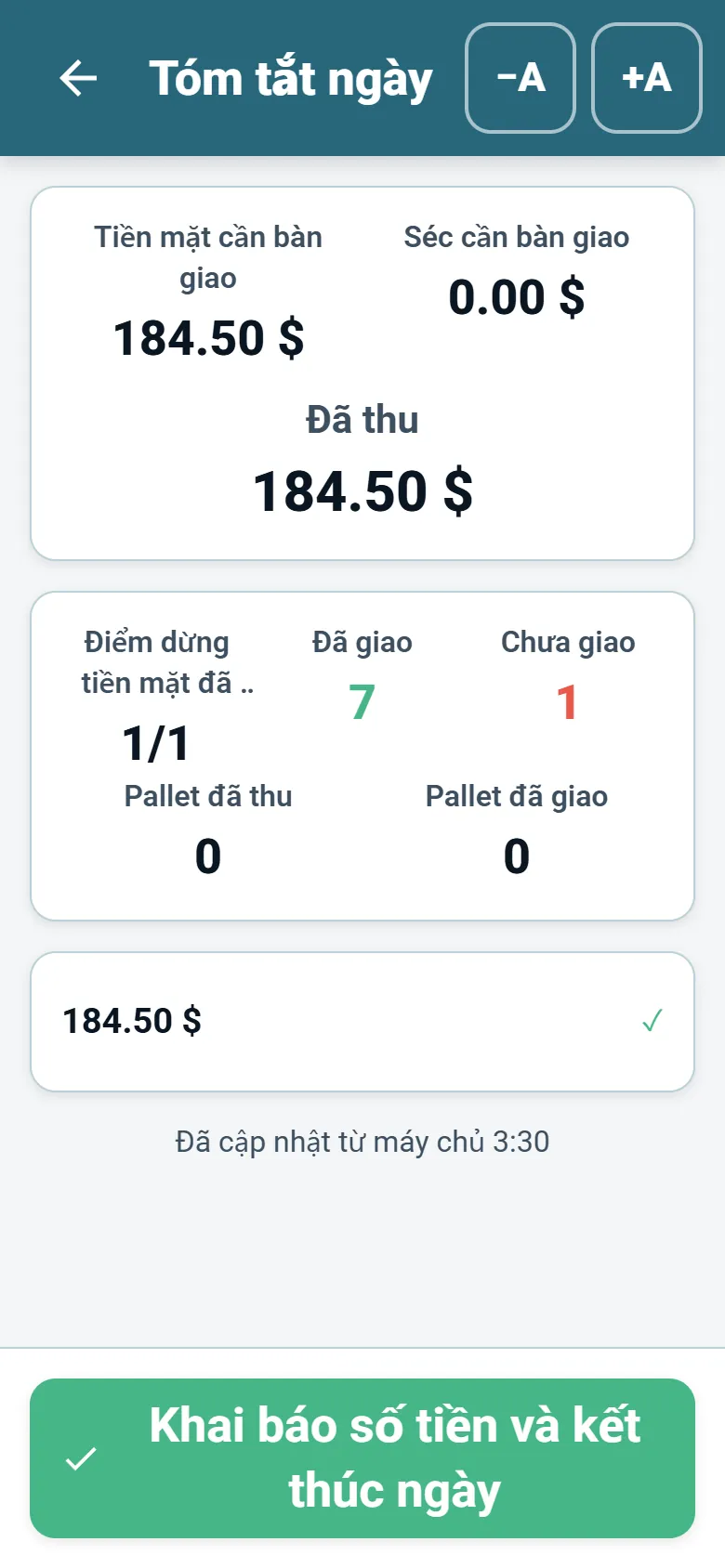 Bản tổng kết cuối ngày của ứng dụng tài xế OptiRoutes với tổng số đã thu và khai báo của tài xế
