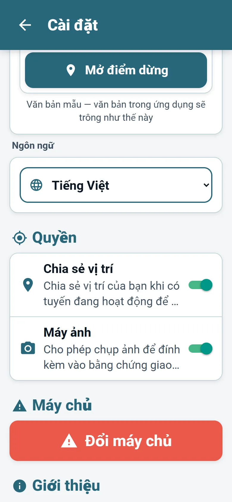 Menu ứng dụng tài xế OptiRoutes với bộ chọn ngôn ngữ và các tùy chọn chế độ hiển thị