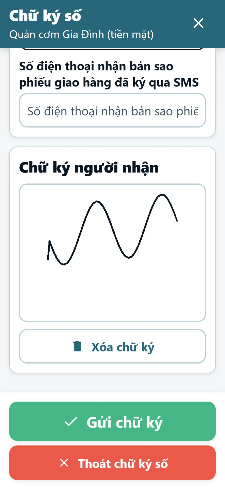 Màn hình bằng chứng giao hàng của ứng dụng tài xế OptiRoutes với khung ký và một chữ ký đã vẽ