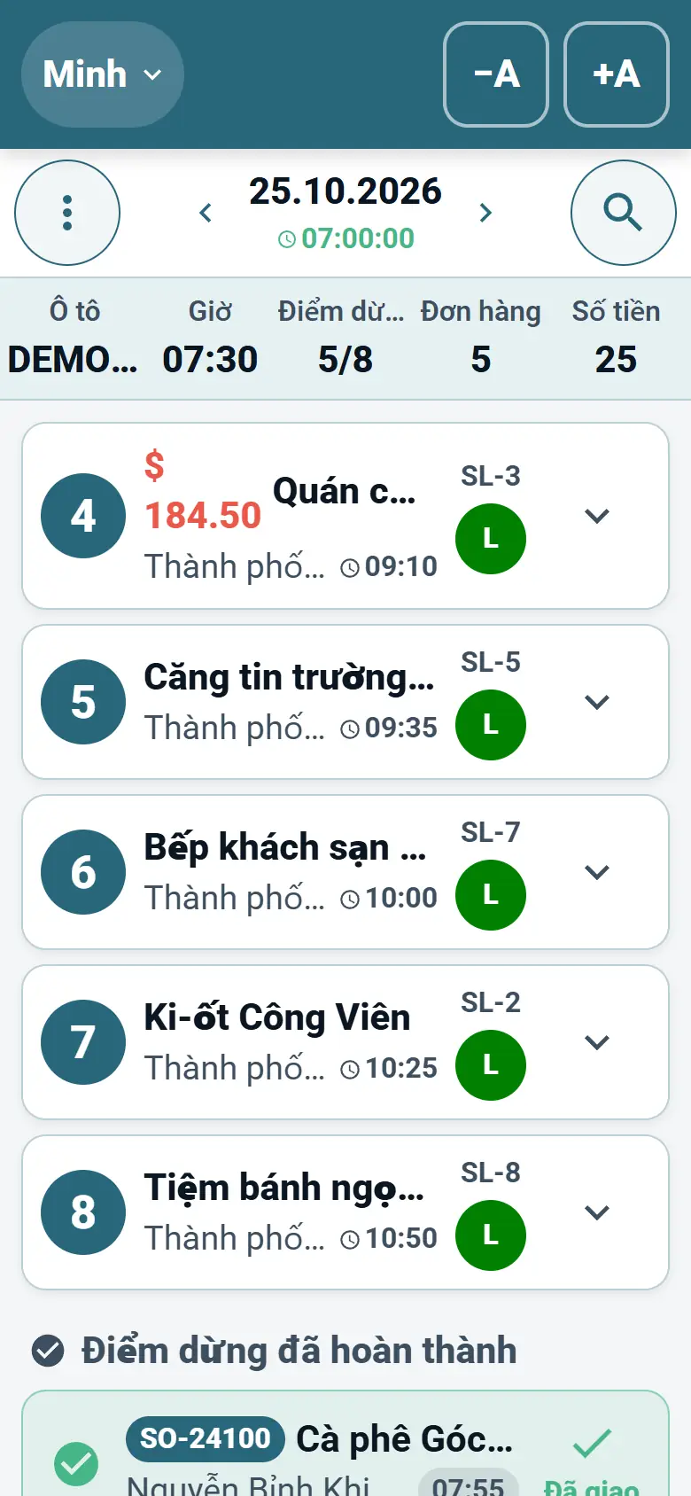 Ứng dụng tài xế OptiRoutes hiển thị tuyến hôm nay dưới dạng danh sách điểm dừng giao hàng