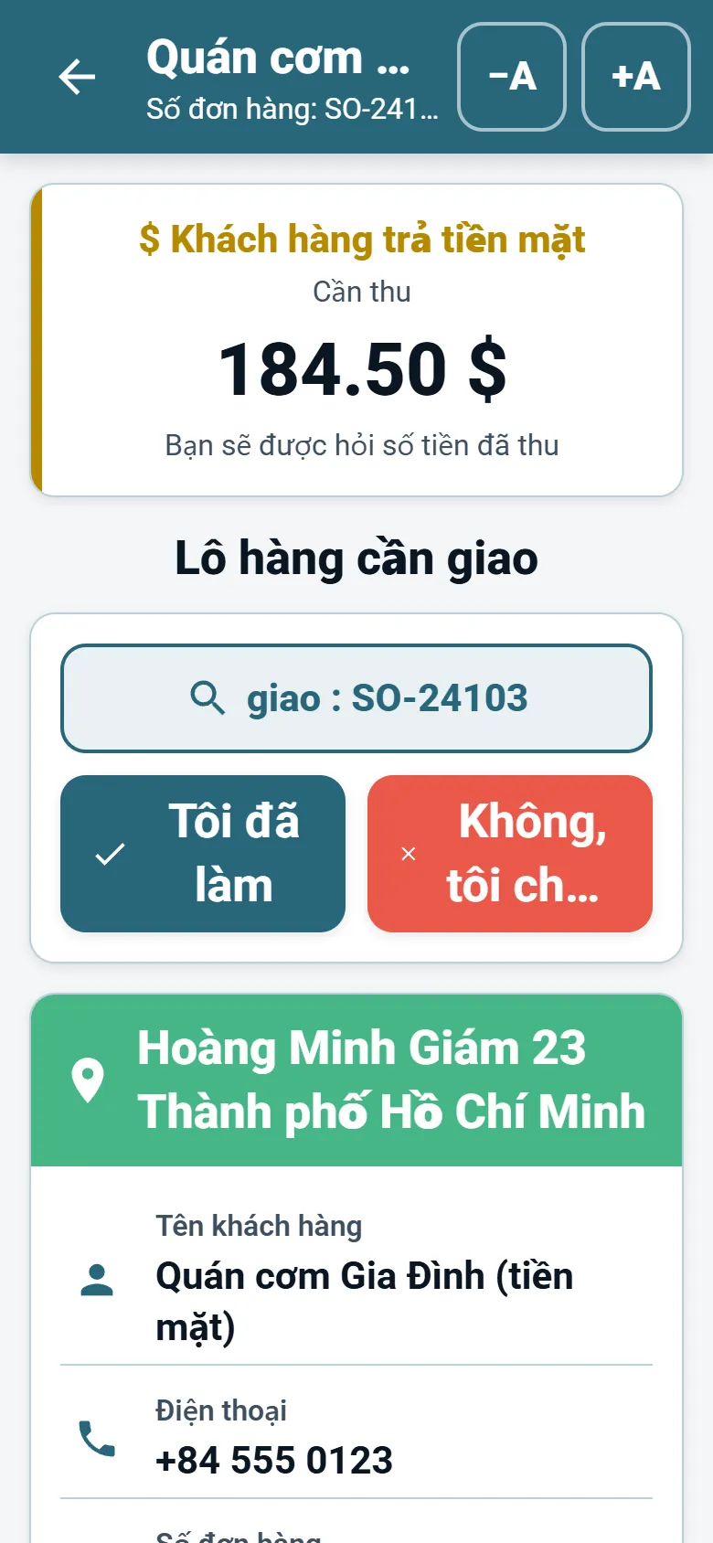 Màn hình điểm dừng của ứng dụng tài xế OptiRoutes với thông tin khách hàng, nút dẫn đường và các nút báo cáo giao hàng