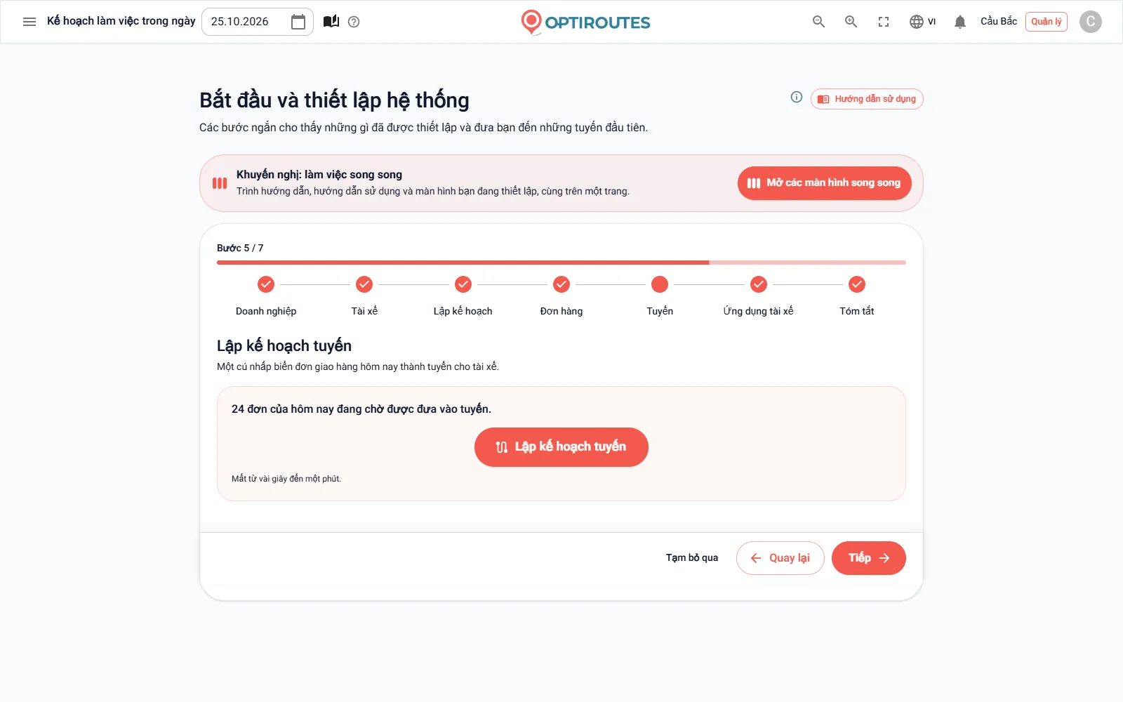 Trình hướng dẫn bắt đầu của OptiRoutes ở bước lập tuyến trong ngày