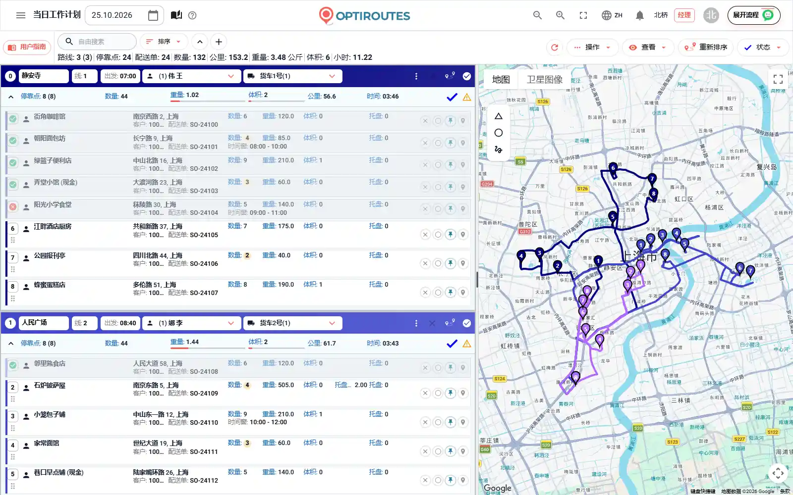 OptiRoutes 路线页面,路线卡片显示停靠点、重量、体积和托盘数据